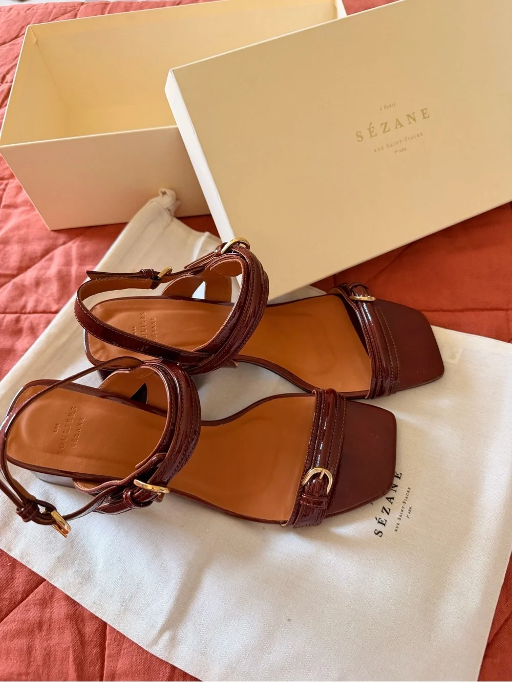 Sezane Dark Brown Leather Buckle Block Heel Sandals - Picture 3 of 5